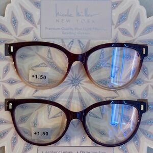 NICOLE MILLER 2 Premium Cat Eye Blue Light Readers Reading Glasses NWT +1.50